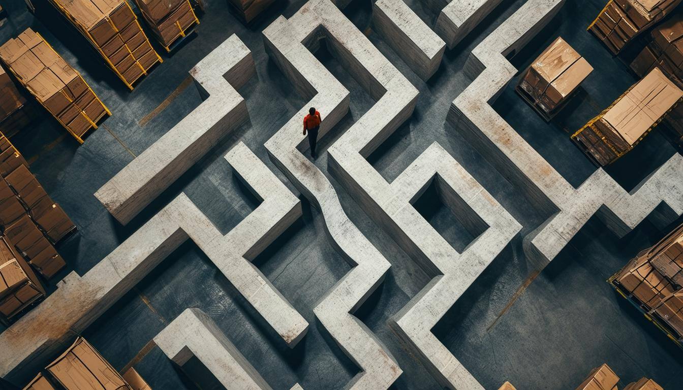 An overhead image of a person navigating through a complex maze in a warehouse-1