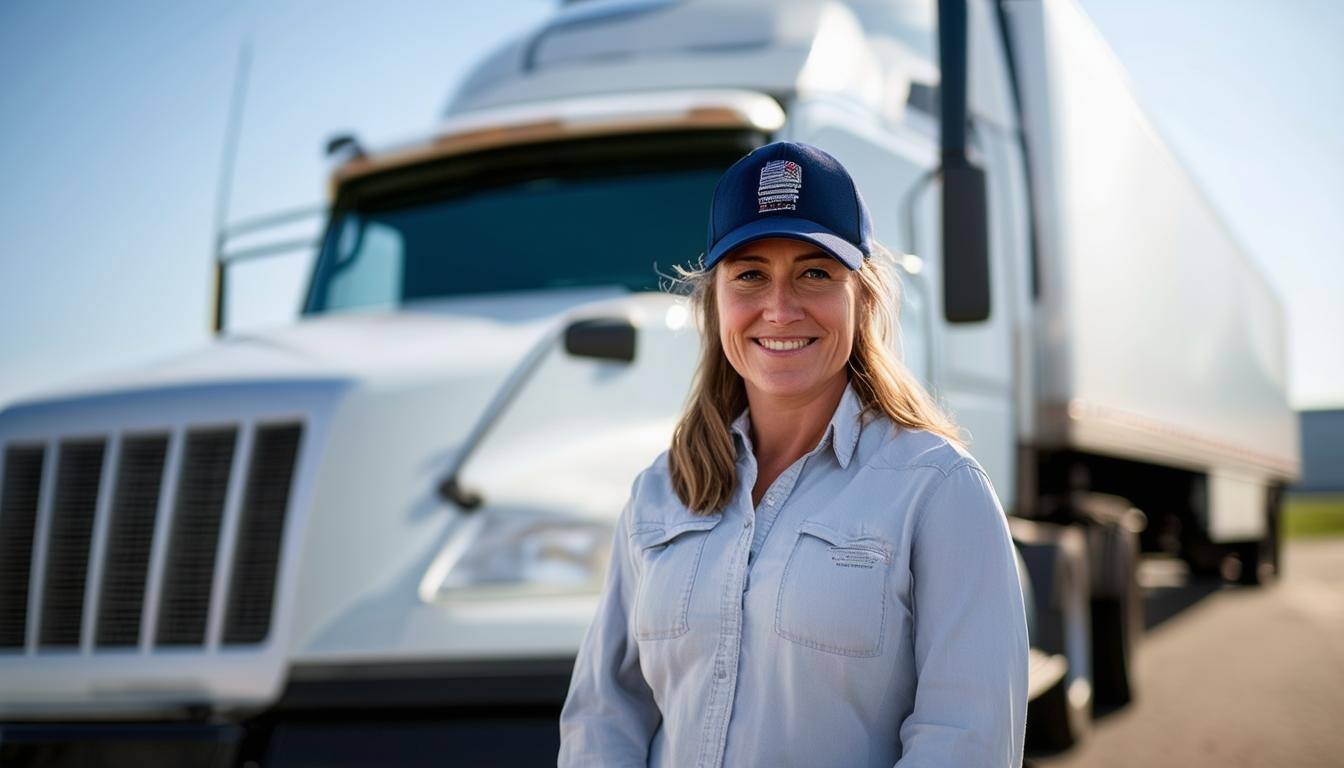 A woman truckdriver standing in the distance in front of the cab of her white semitruck with a white trailer