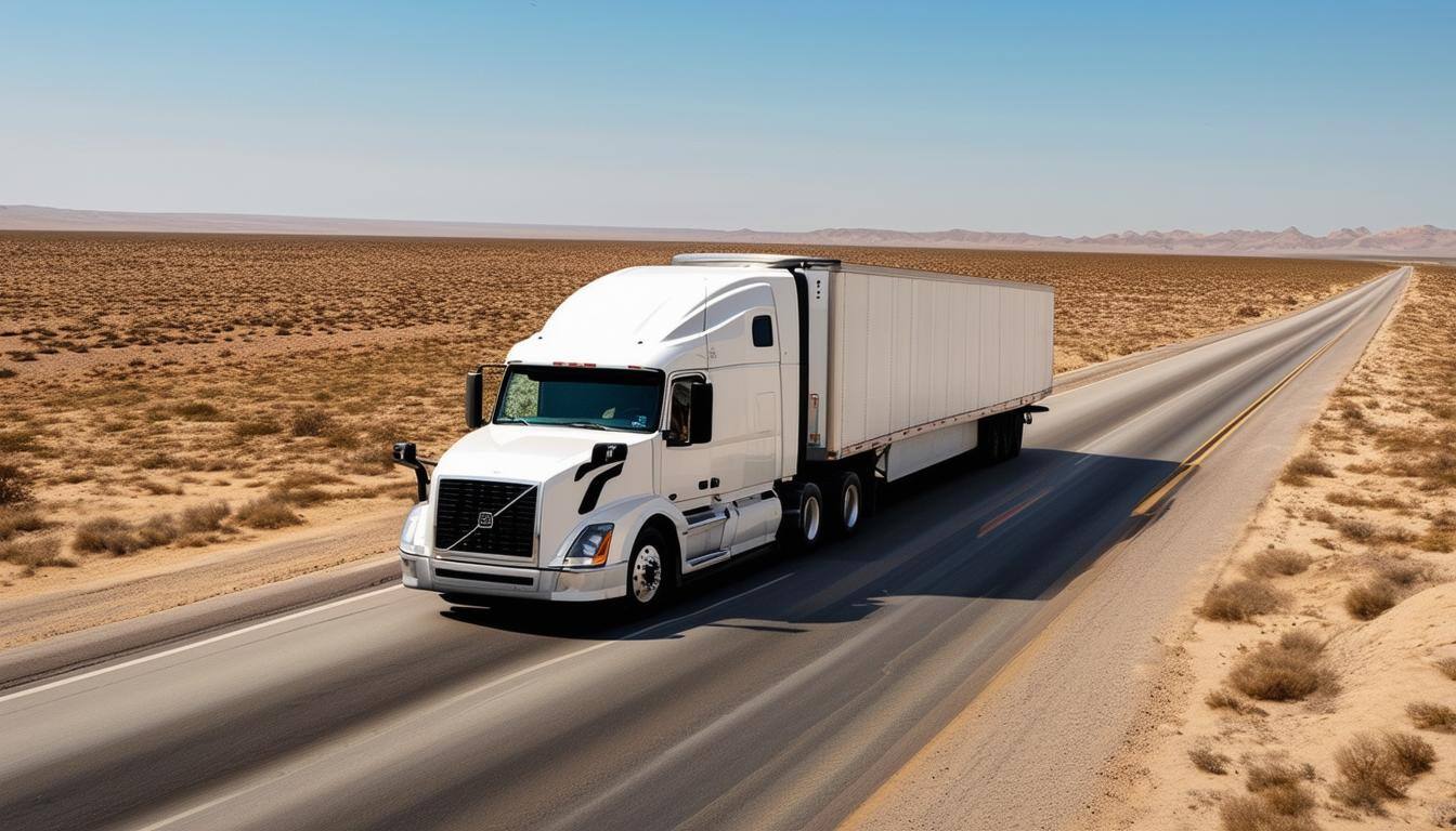 a semitruck with a white cab and white trailer driving down a deserted desert highway road